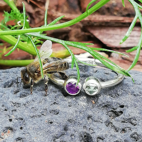 Moldavite and Amethyst Ring