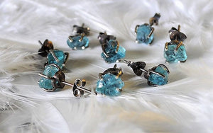 Raw Apatite stud earrings/ neon blue apatite / oxidized sterling silver, birthstone, crystal studs
