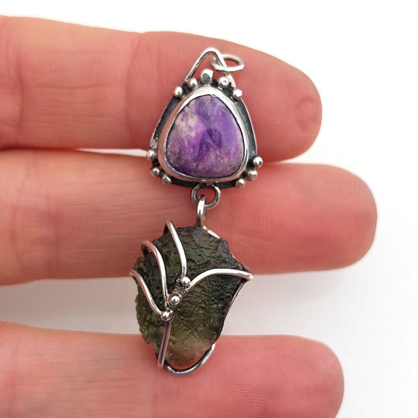 Moldavite and Sugulite pendant