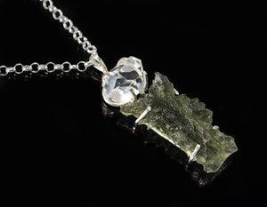 Besednice Moldavite & Herkimer Diamond necklace, AAA quality "Hedgehog"