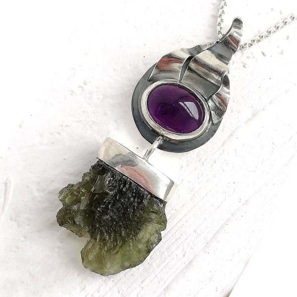 Moldavite necklace, Sterling silver