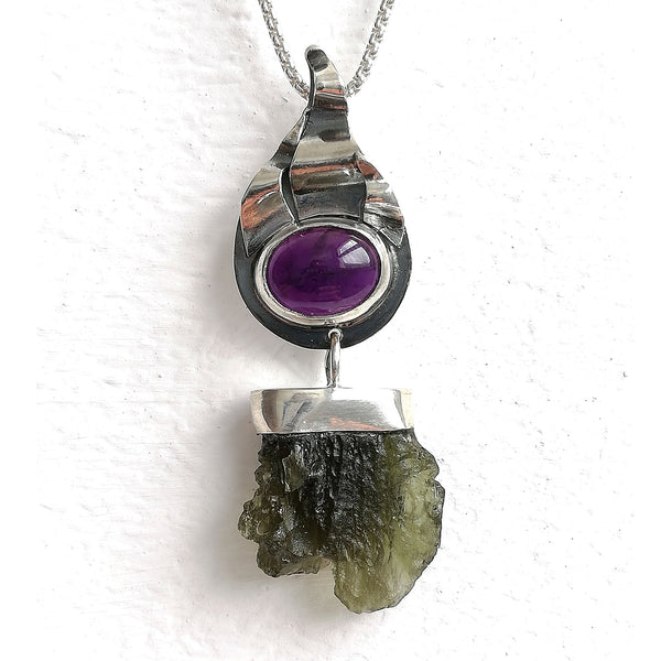 Moldavite and Amethyst pendant, Silver 925