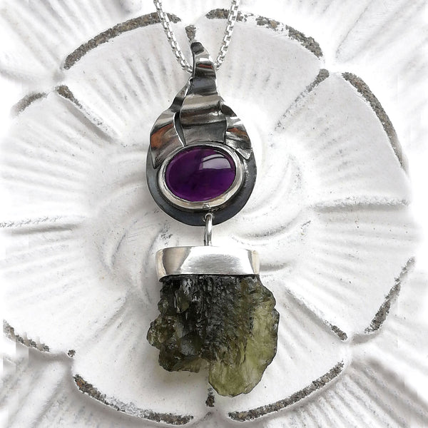 Fire pendant ,Moldavite and Amethyst