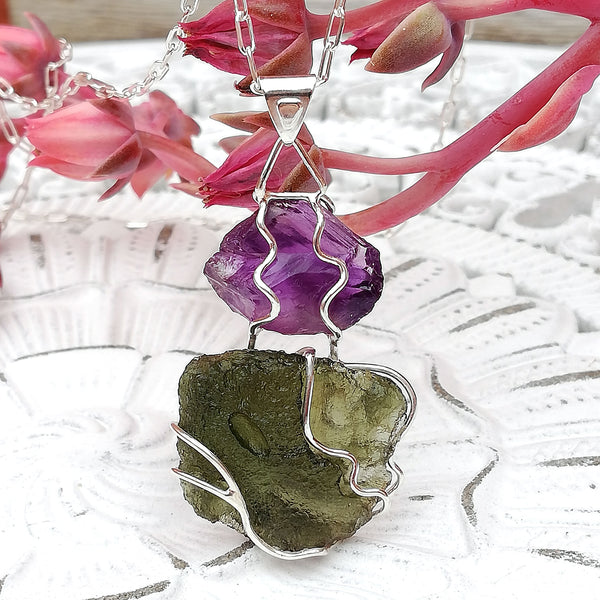 Moldavite and Amethyst pendant, Silver 925