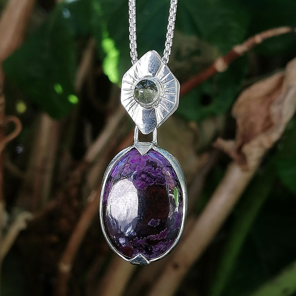 Moldavite and Sugilite pendant, Silver 925