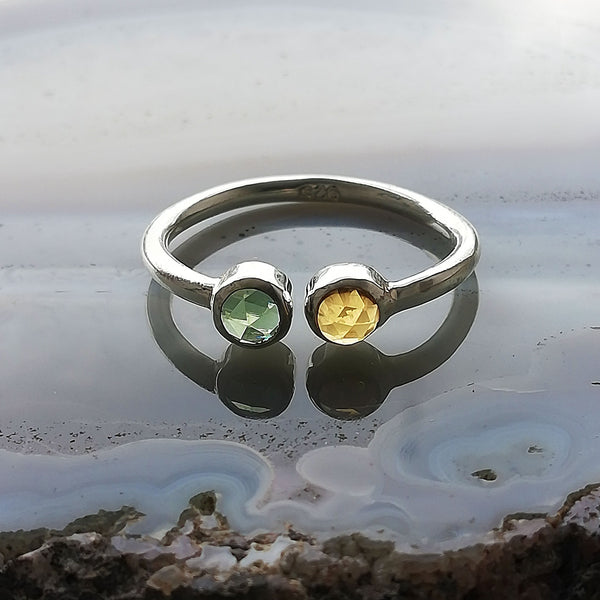 Moldavite and Citrine ring, Sterling silver