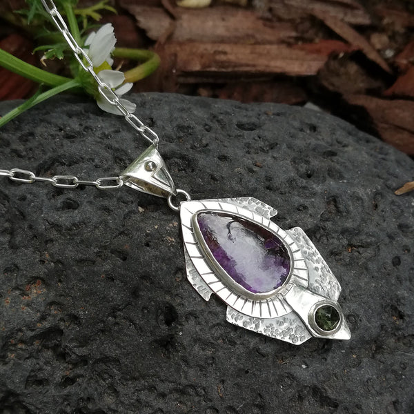 Moldavite and Sugilite pendant